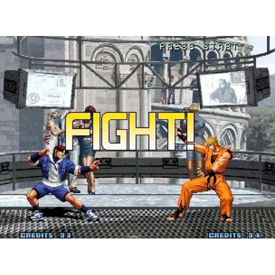 Kyo Kusanagi and Iori Yagami clashing in a vibrant 2D arena with the KOF 2002 logo above them
