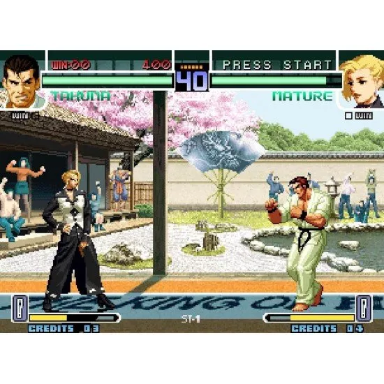 Kyo Kusanagi and Iori Yagami clashing in a vibrant 2D arena with the KOF 2002 logo above them