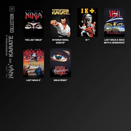 Evercade cartridge box art for The Last Ninja and IK Collection featuring Armakuni and martial arts fighters