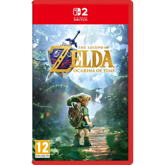 Nintendo Switch 2 game case for The Legend of Zelda Ocarina of Time showing Young Link and Adult Link holding the Master Sword