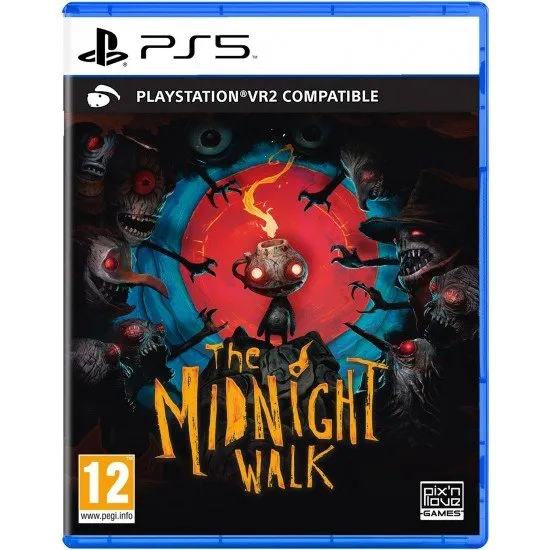 The Midnight Walk PS5 game cover showing Potboy and a tall, thin figure in a dark, clay-sculpted landscape