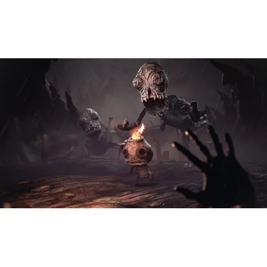 The Midnight Walk PS5 game cover showing Potboy and a tall, thin figure in a dark, clay-sculpted landscape