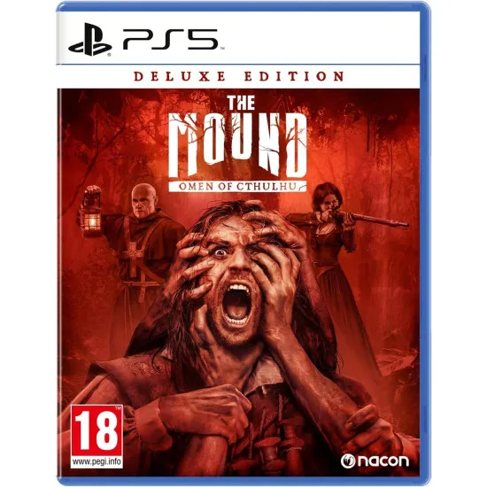A PlayStation 5 game case depicting an explorer holding an oil lamp illuminating a massive, ancient temple door covered in writhing, tentacled carvings