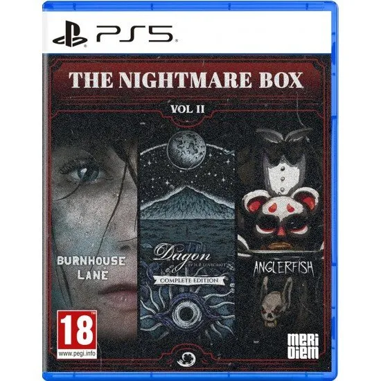 The Nightmare Box Vol. II PS5 box art showing scenes from Burnhouse Lane, Dagon, and Anglerfish, representing different horror styles