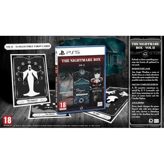 The Nightmare Box Vol. II PS5 box art showing scenes from Burnhouse Lane, Dagon, and Anglerfish, representing different horror styles