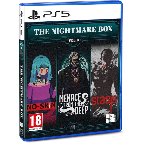 PlayStation 5 game case for The Nightmare Box Vol III featuring artwork from NO-SKIN, Menace from the Deep, and Stasis