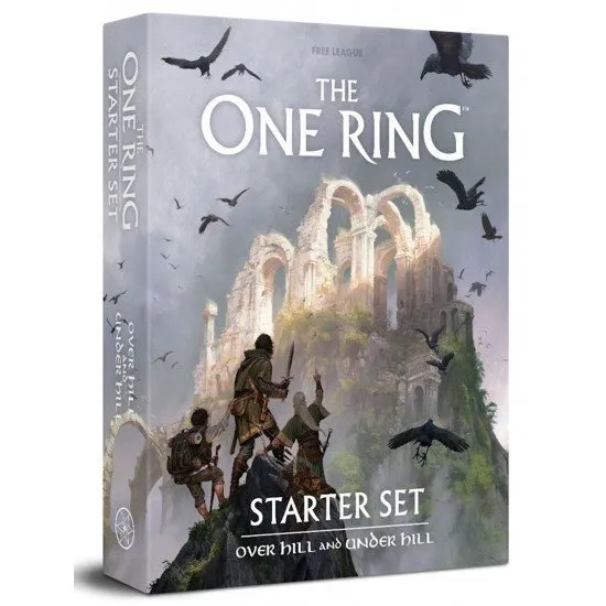 The One Ring RPG Starter Set Free League Middle-earth TTRPG The One Ring RPG Starter Set Over Hill and Under Hill box art showing hobbits on an adventure with mountains and rolling hills