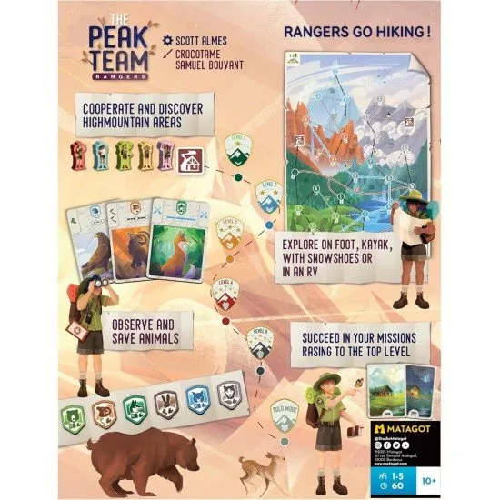 A group of wildlife rangers with backpacks and binoculars standing at the base of a large mountain