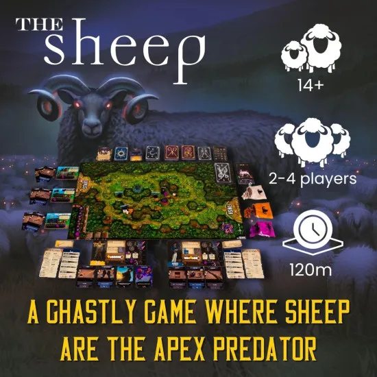 The Sheep comedy-horror cooperative board game box featuring darkly humorous sheep threatening humanity artwork