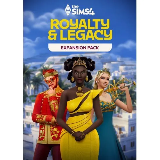 The Sims 4 Royalty & Legacy expansion pack cover art featuring royal Sims in Ondarion