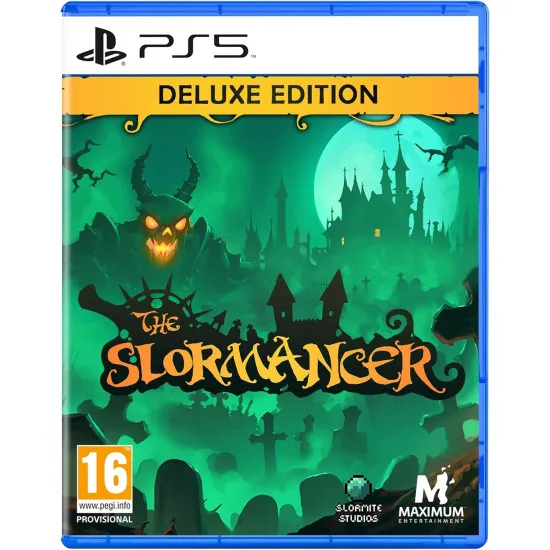A PlayStation 5 game case with a deluxe border showing a knight, huntress, and mage casting flashy elemental spells against green slime monsters