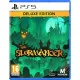 A PlayStation 5 game case with a deluxe border showing a knight, huntress, and mage casting flashy elemental spells against green slime monsters