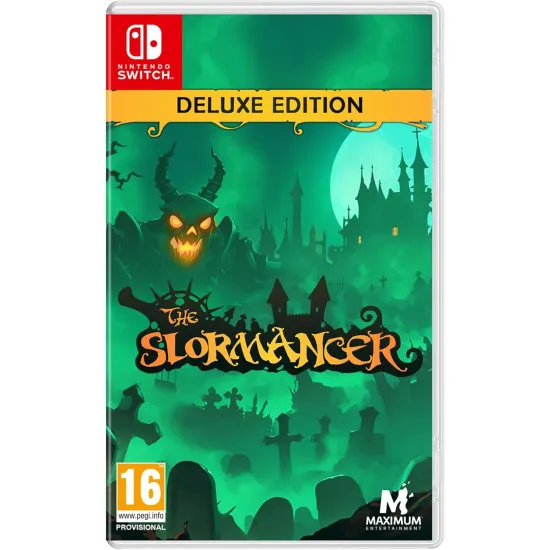 A Nintendo Switch game case with premium deluxe accents depicting three outcast heroes fighting an incompetent warlock underling in a dark crypt