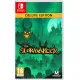 A Nintendo Switch game case with premium deluxe accents depicting three outcast heroes fighting an incompetent warlock underling in a dark crypt