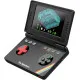 A handheld retro gaming console designed with the iconic rainbow stripe styling of the classic home computer displaying a vibrant pixel art game screen