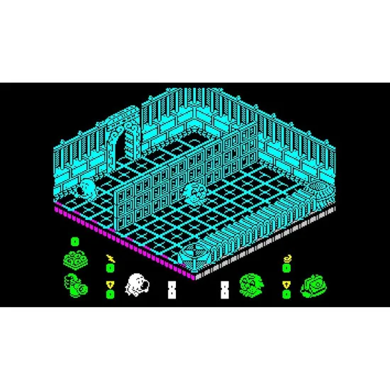 A handheld retro gaming console designed with the iconic rainbow stripe styling of the classic home computer displaying a vibrant pixel art game screen