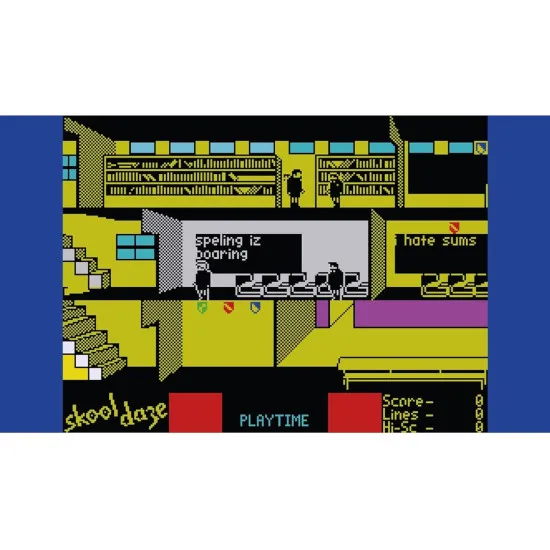 A handheld retro gaming console designed with the iconic rainbow stripe styling of the classic home computer displaying a vibrant pixel art game screen