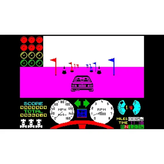 A handheld retro gaming console designed with the iconic rainbow stripe styling of the classic home computer displaying a vibrant pixel art game screen