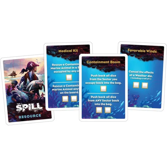 Box art for The Spill board game showing marine life and an offshore oil rig disaster