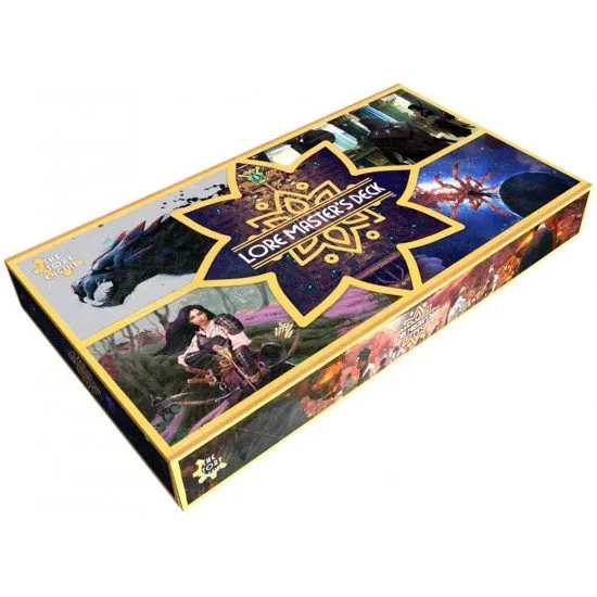 The Story Engine Lore Master's Deck showing the treasure-chest style box and several of the 8 double-sided card types arranged in a lore cluster