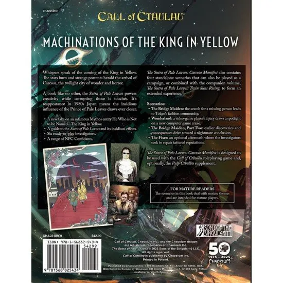 Call of Cthulhu Sutra of the Pale Leaves book cover with thematic art depicting the King in Yellow's influence in 1980s Japan