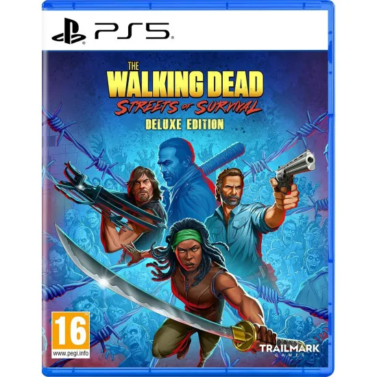 PlayStation 5 game case for The Walking Dead Streets of Survival Deluxe Edition featuring Rick Grimes, Daryl Dixon, and Michonne