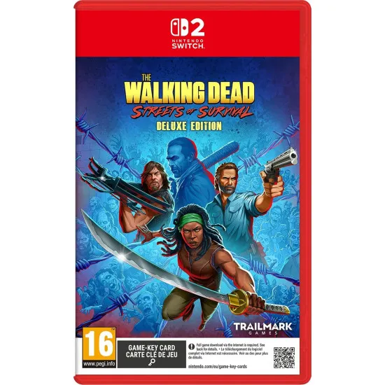 Nintendo Switch 2 game case for The Walking Dead Streets of Survival Deluxe Edition showing Rick, Michonne, and Daryl fighting walkers
