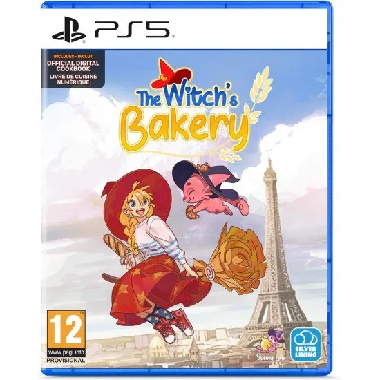 Lunne the witch standing in front of her Parisian bakery with a fresh tray of magical bread