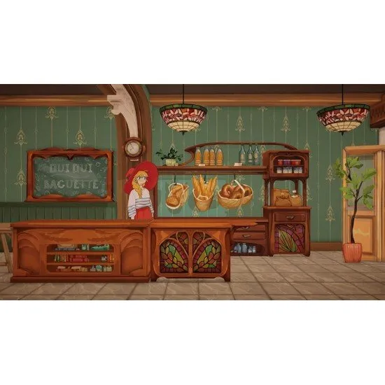 Lunne the witch standing in front of her Parisian bakery with a fresh tray of magical bread