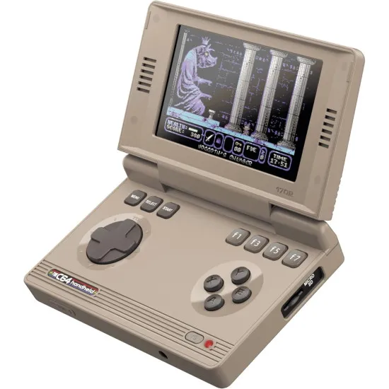 A handheld retro gaming console sporting the classic beige finish of the iconic 1980s computer displaying a bright pixel-art action screen