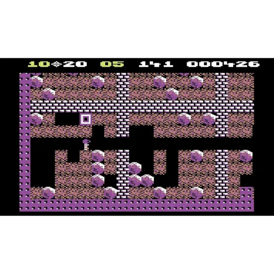 A handheld retro gaming console sporting the classic beige finish of the iconic 1980s computer displaying a bright pixel-art action screen