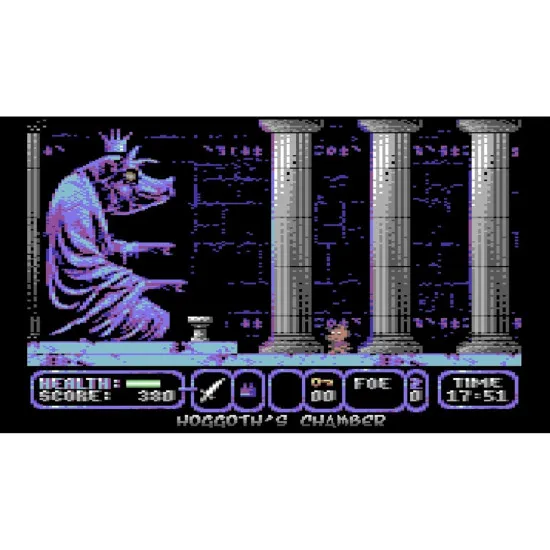 A handheld retro gaming console sporting the classic beige finish of the iconic 1980s computer displaying a bright pixel-art action screen