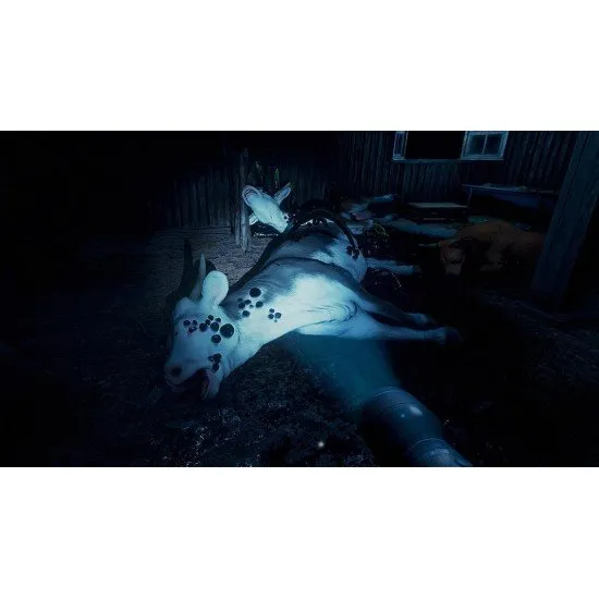 A cinematic view of a dark, isolated farmhouse illuminated by a mysterious light from the night sky