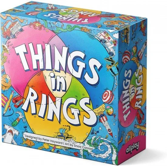 Things in Rings Board Game The box art for the Things in Rings board game, showing players gathered around a table with a triple Venn diagram and colorful object cards.