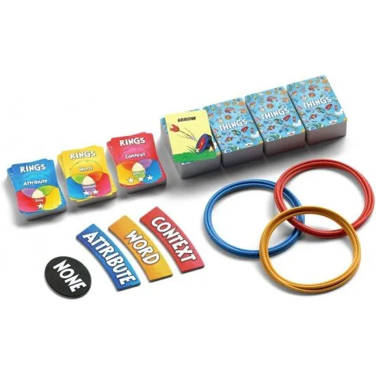 Things in Rings Board Game The box art for the Things in Rings board game, showing players gathered around a table with a triple Venn diagram and colorful object cards.