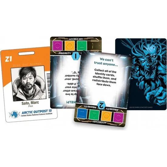 A snowy arctic base setting with character standees and a terrifying shape-shifting monster silhouette