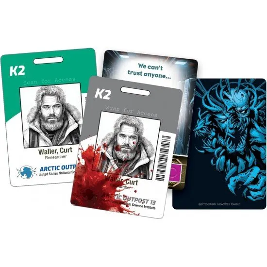 A snowy arctic base setting with character standees and a terrifying shape-shifting monster silhouette