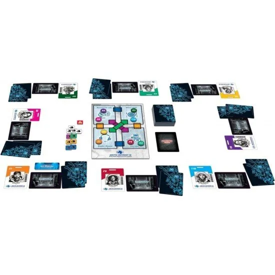 A snowy arctic base setting with character standees and a terrifying shape-shifting monster silhouette