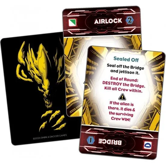 A group of panicked cartoon space crew members running from a shadowy alien silhouette in a cramped spaceship corridor