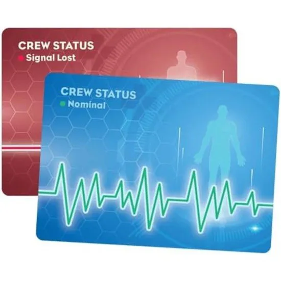 A group of panicked cartoon space crew members running from a shadowy alien silhouette in a cramped spaceship corridor