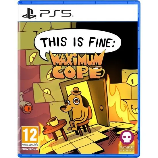 PS5 game cover for This is Fine: Maximum Cope featuring the iconic dog in a room on fire