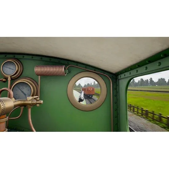 Thomas the Tank Engine pulling Annie and Clarabel past the iconic Tidmouth Sheds