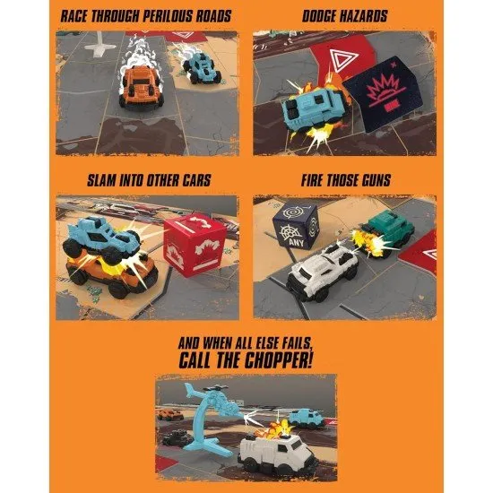 Miniature post-apocalyptic cars and a helicopter racing across a dusty wasteland board