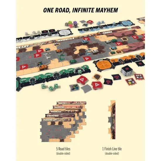 Miniature post-apocalyptic cars and a helicopter racing across a dusty wasteland board