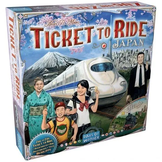 Ticket to Ride Japan Italy Expansion Days of Wonder Ticket to Ride Japan + Italy expansion box art showing scenes and maps from both Japan (with Bullet Trains and Mount Fuji) and Italy (with regional connections)