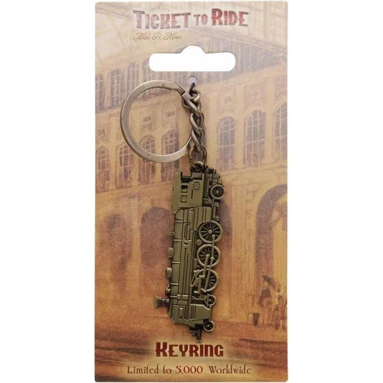 Antique brass Ticket to Ride train keyring featuring a detailed steam locomotive design