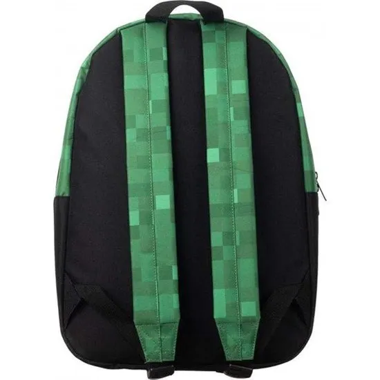 Minecraft Time to Mine green backpack showing graphics and elements from the game, possibly Creepers or pickaxes