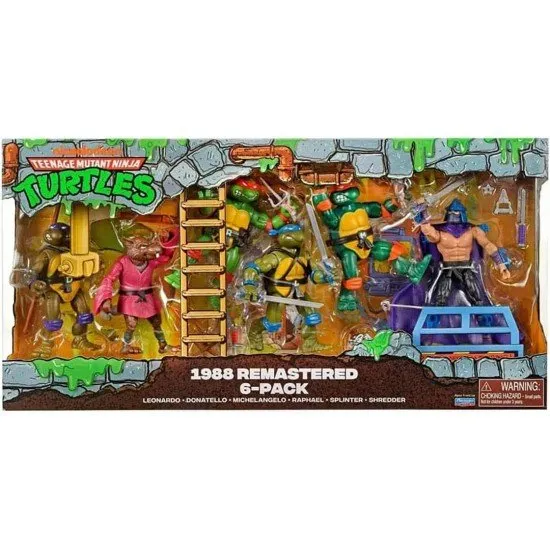 TMNT 1988 Remastered 6-Pack box set showing Leonardo, Donatello, Michelangelo, Raphael, Splinter, and Shredder