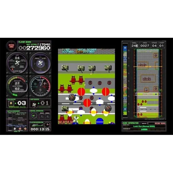 A Nintendo Switch game case displaying explosive retro vertical shooter arcade artwork featuring combat helicopters dropping bombs over military bases