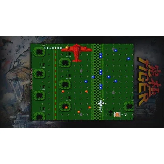 A Nintendo Switch game case displaying explosive retro vertical shooter arcade artwork featuring combat helicopters dropping bombs over military bases